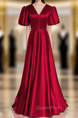 Burgundy Satin V-neck Puff Sleeve Backless Evening Prom Dresses