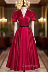 Burgundy Satin V-neck Puff Sleeve Evening Prom Dresses