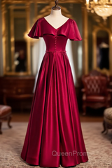 Burgundy Satin V-neck Short Sleeve Evening Prom Dresses