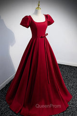 Burgundy Scoop Neckline Satin Long Evening Prom Dresses, Short Sleeve Evening Dresses