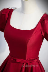 Burgundy Scoop Neckline Satin Long Evening Prom Dresses, Short Sleeve Evening Dresses