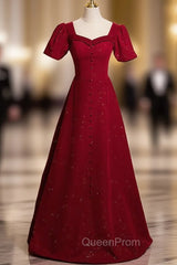 Burgundy Sequare Puff Sleeve Evening Prom Dresses