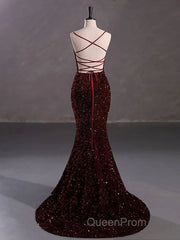 Burgundy Sequin Mermaid Backless Evening Prom Dresses Long Evening Dresses
