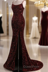 Burgundy Sequin Mermaid Backless Evening Prom Dresses Long Evening Dresses