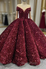 Burgundy Sequins Ball Gown Cap Sleeve Evening Prom Dresses
