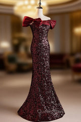 Burgundy Sequins Mermaid Off the Shoulder Evening Prom Dresses