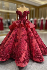 Burgundy Sequins Off the Shoulder 3D Flower Floor Length Evening Prom Dresses