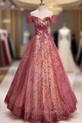 Burgundy Sequins Off the Shoulder Evening Prom Dresses