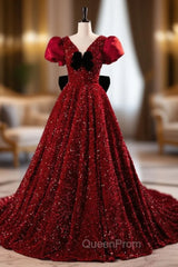 Burgundy Sequins Puff Sleeve Evening Prom Dresses