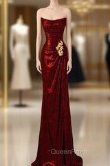 Burgundy Sequins Strapless Pleats Evening Prom Dresses
