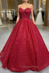 Burgundy Sequins Strapless Evening Prom Dresses