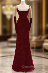 Burgundy Sequins Straps Beading Evening Prom Dresses