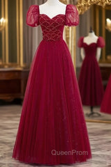 Burgundy Sequins Tulle Puff Sleeve Beading Evening Prom Dresses