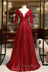 Burgundy Sequins V-neck Short Sleeve Appliques Evening Prom Dresses