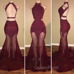 Burgundy Sheer-Tulle Lace-Appliques High-Neck Mermaid Evening Prom Dresses