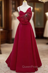 Burgundy Spaghetti Straps Pearls Bow Evening Prom Dresses