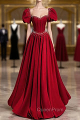 Burgundy Square Puff Sleeve Pearls Evening Prom Dresses