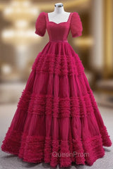 Burgundy Square Puff Sleeve Evening Prom Dresses