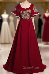 Burgundy Square Short Sleeve Embroidery Appliques Evening Prom Dresses