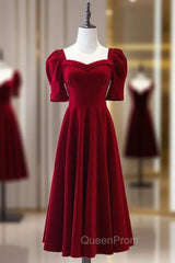 Burgundy Square Short Sleeve Tea Length Evening Prom Dresses