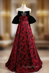 Burgundy Strapless Black Velvet Evening Prom Dresses