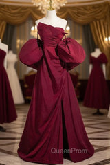 Burgundy Strapless Pleats Puff Sleeve Evening Prom Dresses