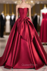 Burgundy Strapless Satin Bow Evening Prom Dresses