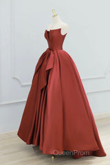 Burgundy Strapless Satin Long Evening Prom Dresses, Beautiful A-Line Evening Party Dresses