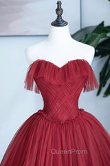 Burgundy Strapless Tulle Long Evening Dresses, Sweetheart Neckline Evening Dresses
