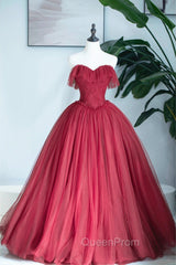 Burgundy Strapless Tulle Long Evening Dresses, Sweetheart Neckline Evening Dresses