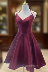 Burgundy Straps V-neckline Short Party Dresses , Lovely Satin Homecoming Dresses