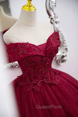 Burgundy Sweet 16 Evening Gown with Lace, Off the Shoulder Evening Prom Dresses Party Dresses