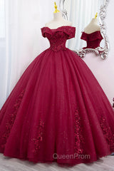 Burgundy Sweet 16 Evening Gown with Lace, Off the Shoulder Evening Prom Dresses Party Dresses