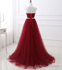 Burgundy Sweet Neck Tulle Long Prom Gown, Burgundy Evening Dress