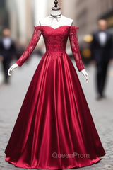 Burgundy Sweetheart Lace Satin Long Evening Prom Dresses Burgundy Evening Dresses