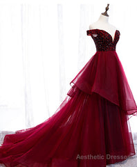 Burgundy Sweetheart Off Shoulder Tulle Long Prom Dress Tulle Formal Dress