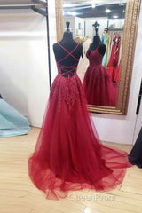 Burgundy sweetheart tulle lace long Evening Prom Dresses formal Dresses