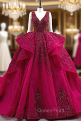 Burgundy Tulle Appliques Beading Pearls Evening Prom Dresses