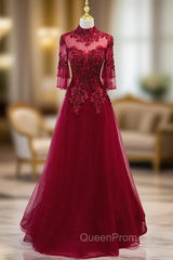 Burgundy Tulle Appliques Beading Short Sleeve Evening Prom Dresses