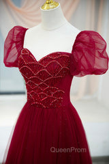 Burgundy Tulle Beaded Long Evening Prom Dresses, A-Line Short Sleeve Evening Dresses