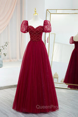Burgundy Tulle Beaded Long Evening Prom Dresses, A-Line Short Sleeve Evening Dresses