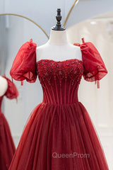 Burgundy Tulle Beaded Long Evening Prom Dresses, A-Line Short Sleeve Evening Dresses