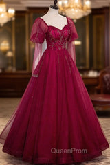 Burgundy Tulle Beaded Long Sleeve Evening Prom Dresses, A-Line Evening Graduation Dresses