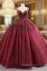 Burgundy Tulle Beading Sequins Illusion Neck Evening Prom Dresses