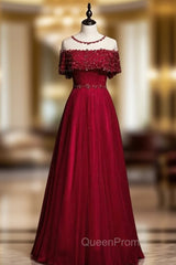 Burgundy Tulle Beading Sequins Lotus Leaf Sleeve Evening Prom Dresses