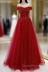 Burgundy Tulle Beading Sequins Off the Shoulder Evening Prom Dresses