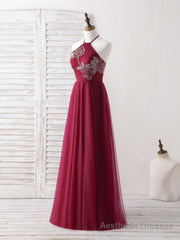 Burgundy Tulle Beads Long Prom Dress Burgundy Evening Dress