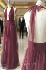 Burgundy Tulle Halter Deep V-neck Backless Evening Prom Dresses