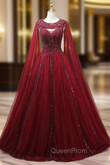 Burgundy Tulle Heavy Beading Evening Prom Dresses