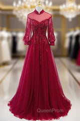 Burgundy Tulle High Neck Long Sleeve Appliques Evening Prom Dresses
